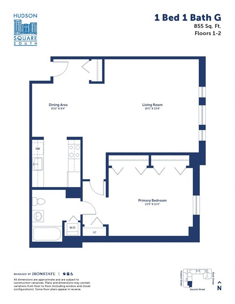 Floor plan for 1 bed, 1 bath, 855 sqft